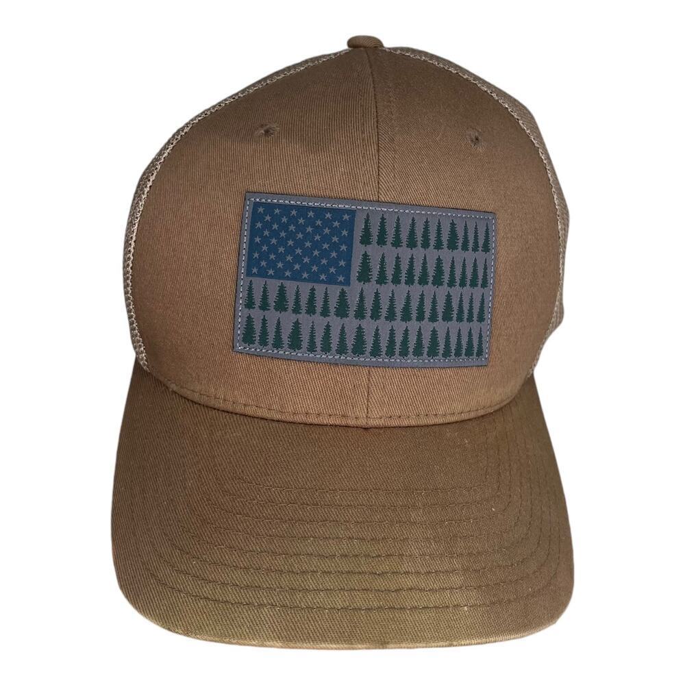 Columbia Brown Mesh Back Adjustable Hat USA Flag Print with Pine Trees Unisex